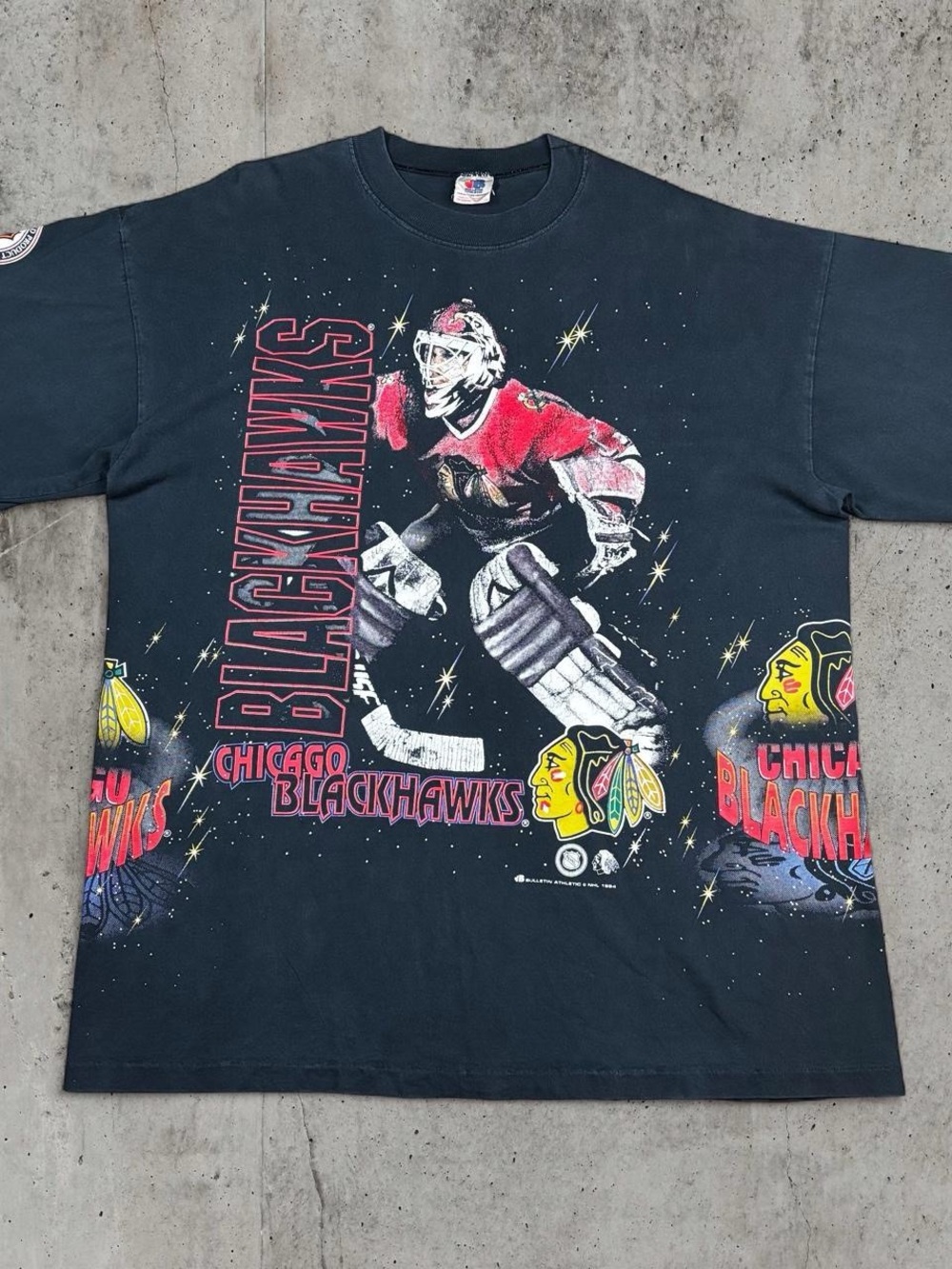 1994 Chicago Blackhawks Bulletin Athletic AOP Goalie T-Shirt Made in Canada VTG